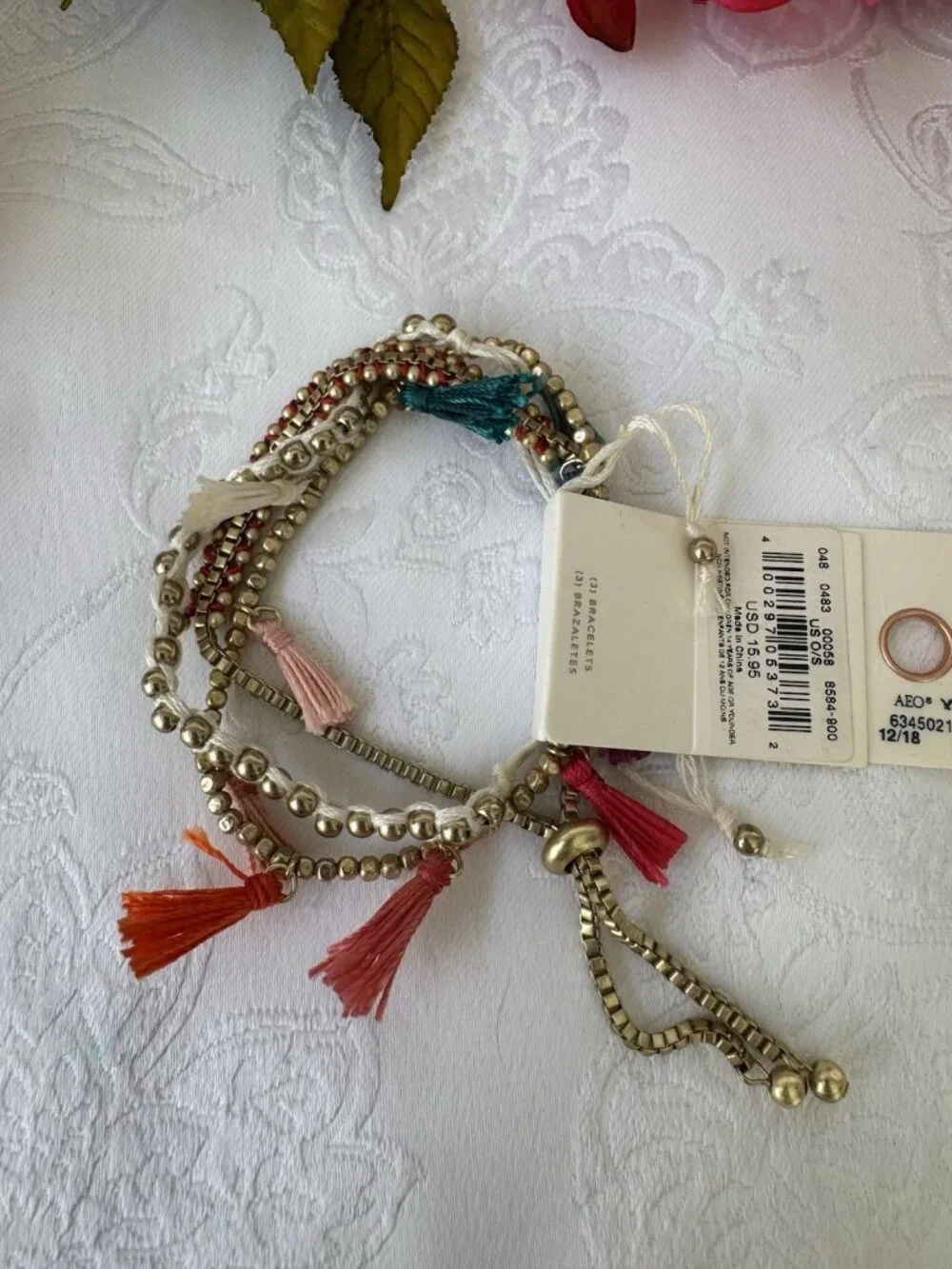 American Eagle Goldtone Cream Colorful Tassel Beads Bracelet Set 3 PC Stack NEW